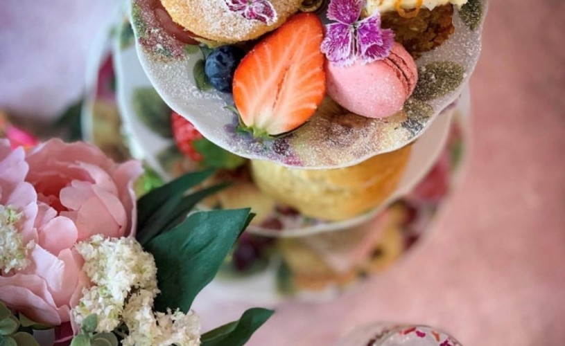 Cakes and flowers for afternoon tea at Sweet Little Things